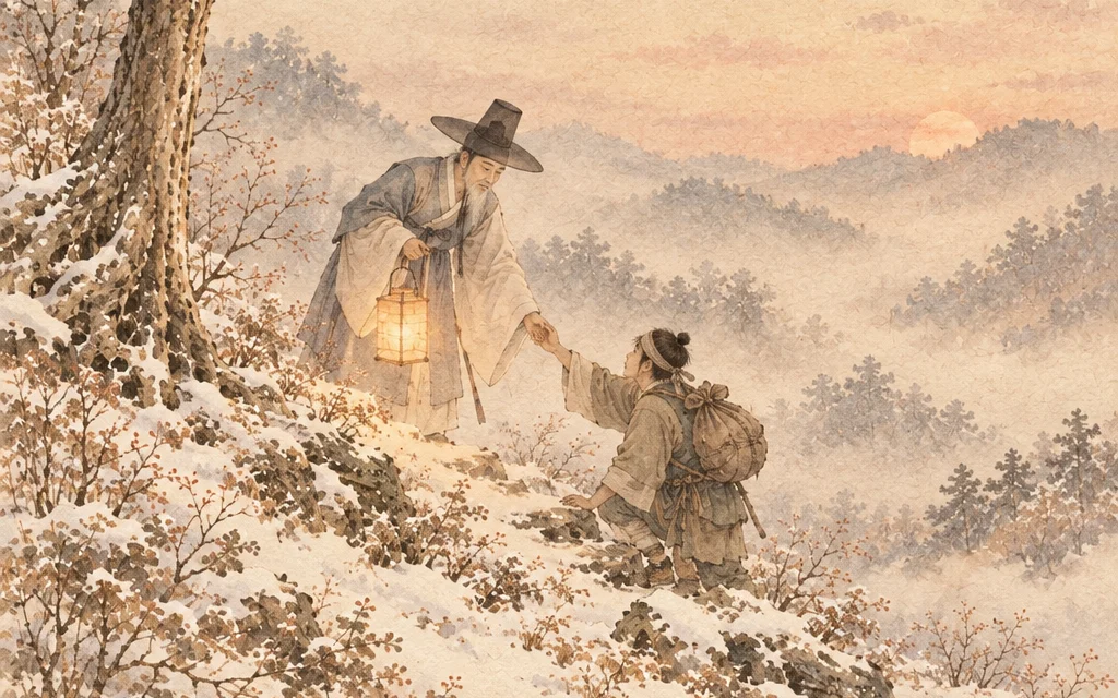 등불을 든 선비가 산길에서 길손에게 손을 내미는 천을귀인 그림
