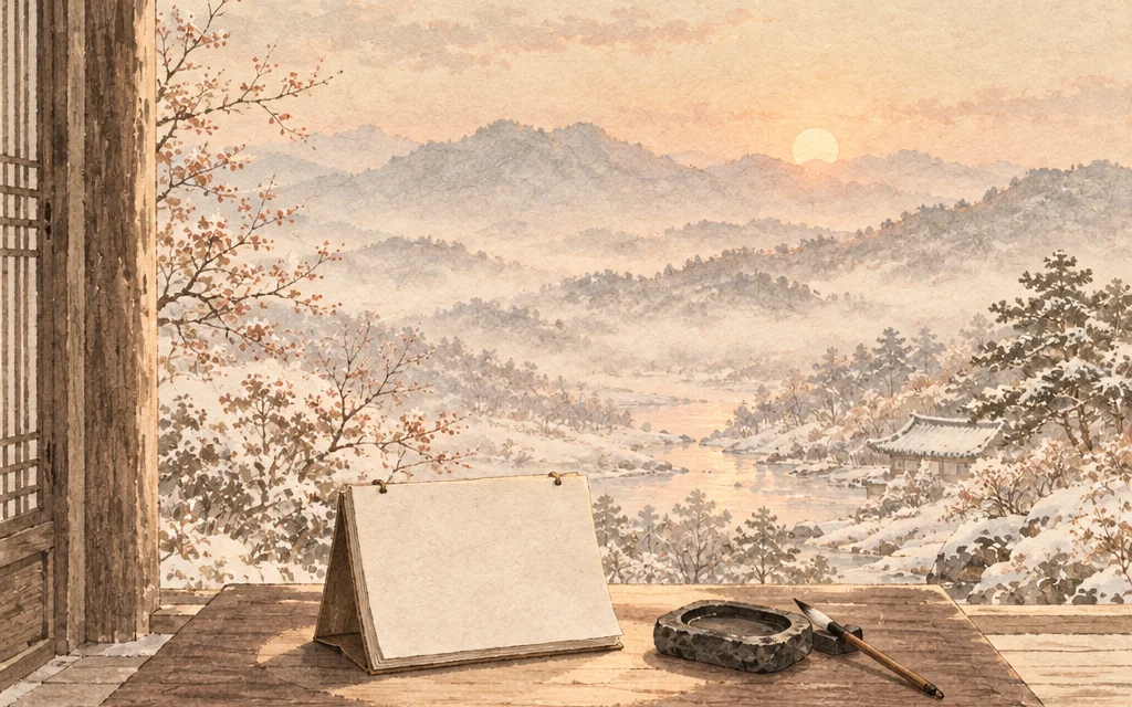 해 뜨는 산을 바라보는 툇마루 책상 위의 빈 달력과 붓