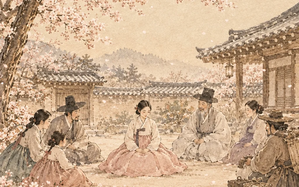 한옥 마당 가운데 앉은 사람과 둘러앉은 가족, 친구, 이웃